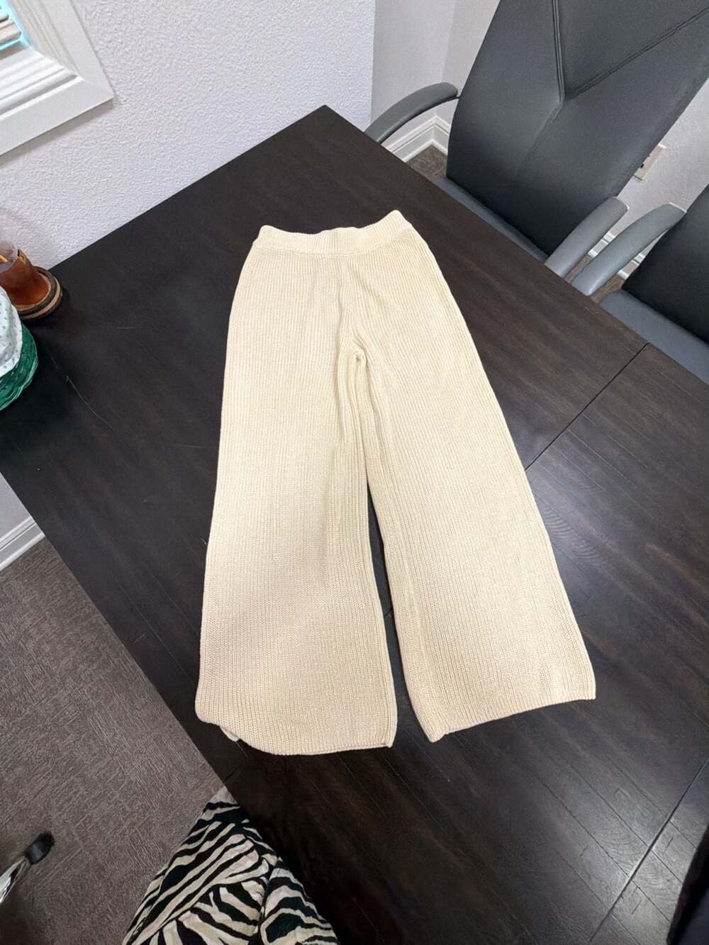Miou Muse Cream Ribbed Knitted Wide-Leg Pants